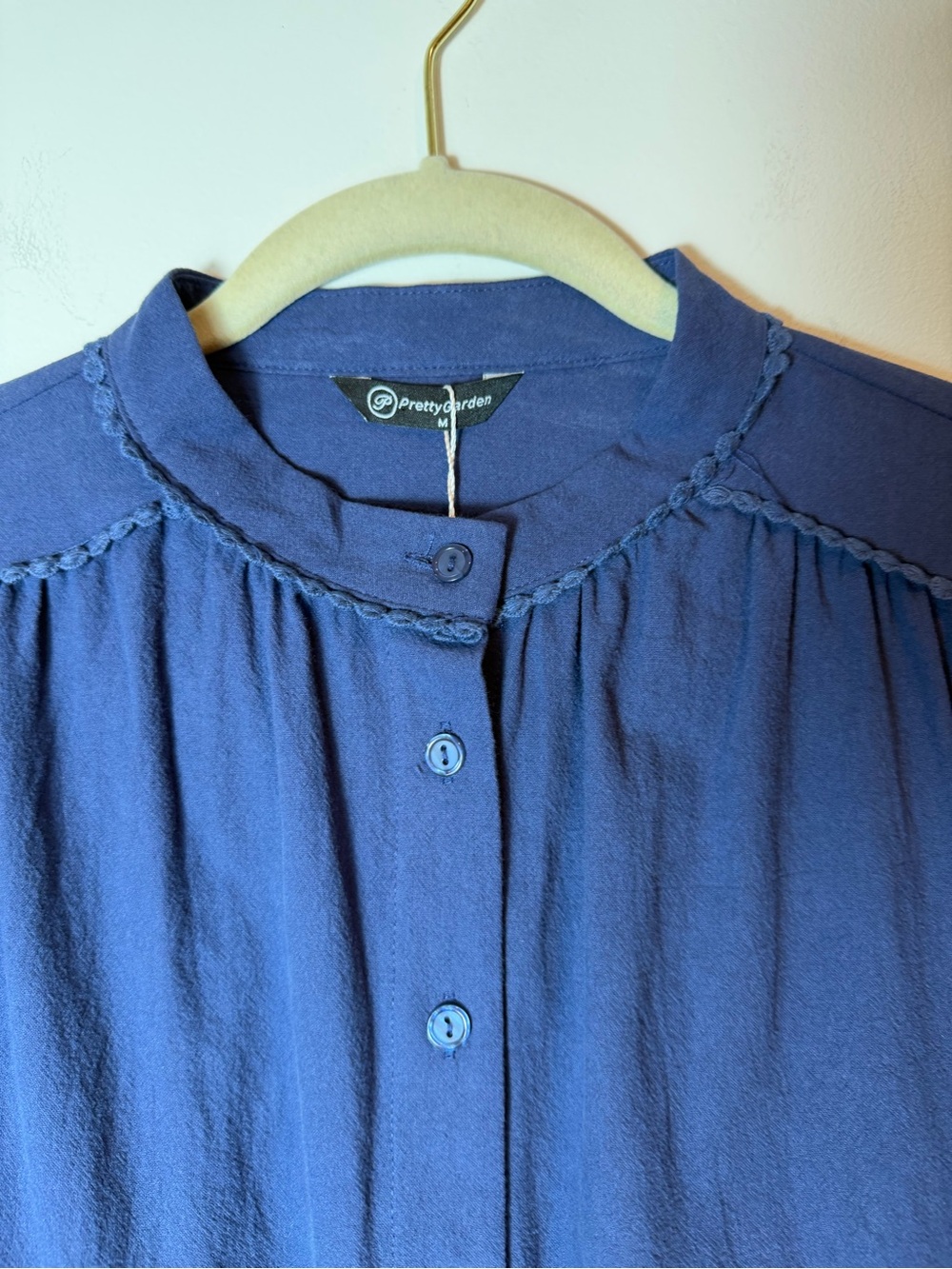 PRETTYGARDEN Blue Cotton Puff Sleeve Blouse Button Down Top Size Medium NWT - Picture 2 of 11